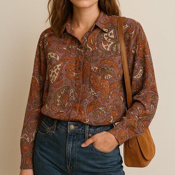 Vintage Abstract Print Button-Up Blouse - Picture 1 of 9